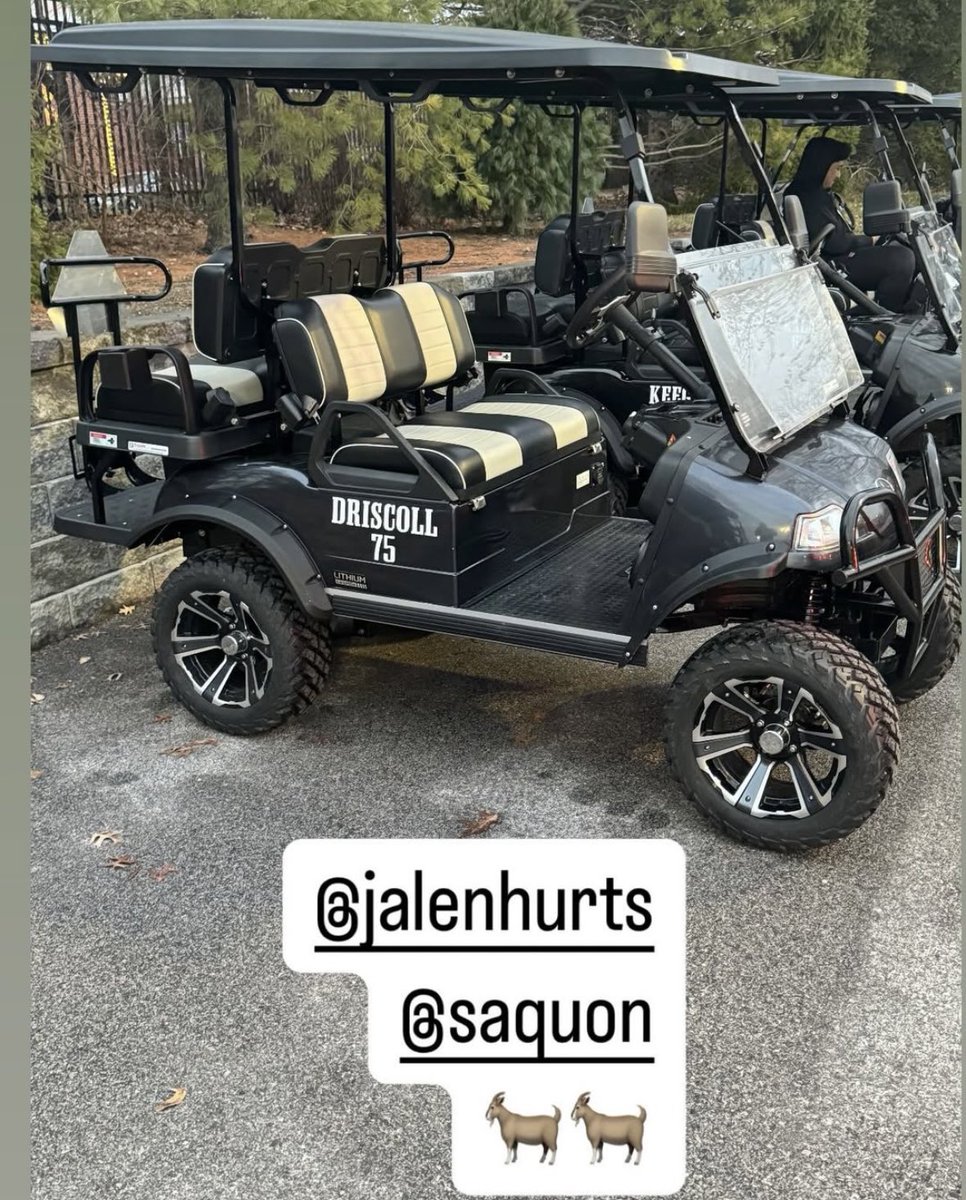 JClarkNBCS's tweet photo. Eagles offensive lineman Jack Driscoll showed the personalized golf carts that Jalen Hurts and Saquon Barkley bought all of their linemen for Christmas 🎁 The Eagles this season have run for a franchise record in rushing yards. https://t.co/VApGfcAeBg