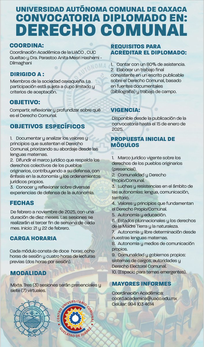 parastoo_mesri's tweet photo. Difundimos la convocatoria al Diplomado en Derecho Comunal que ofrecemos en la Universidad Autónoma Comunal de #Oaxaca (@UacoComunica), de 10 meses, del febrero a noviembre de 2025. Las inscripciones se cierran el 15 de enero de 2025. @rigovqz @JaimeMartnezLu1 #Comunalidad https://t.co/B27QfuefwN