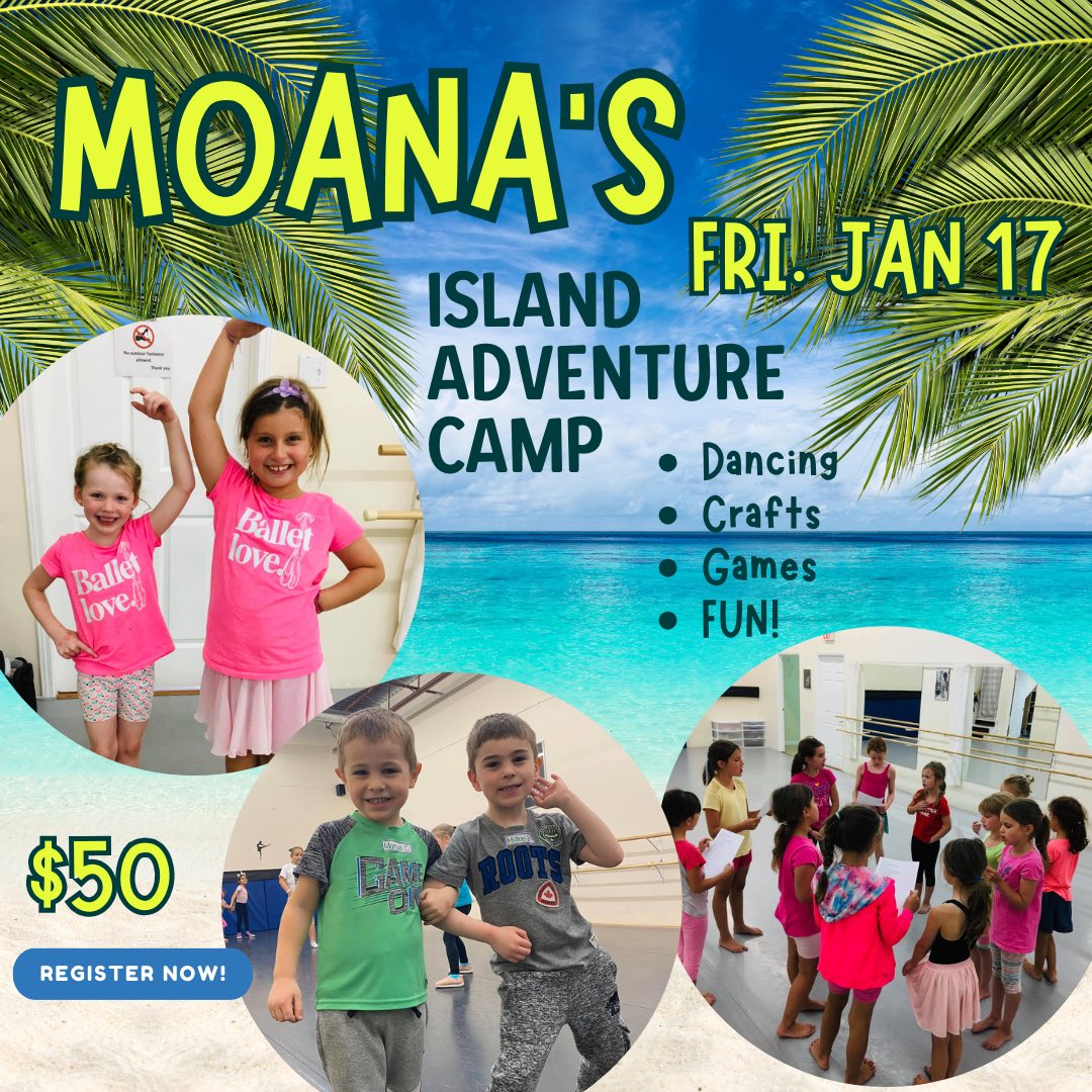 🌴🌺 Calling all little adventurers! 🌊

Join us for Moana's Island Adventure Camp on Friday, January 17! A full day of fun awaits with:

✨ Dancing
✨ Creative crafts
✨ Games
✨ So much FUN!

🏝️ Perfect for kids ready to dance, play, and explore island vibes!