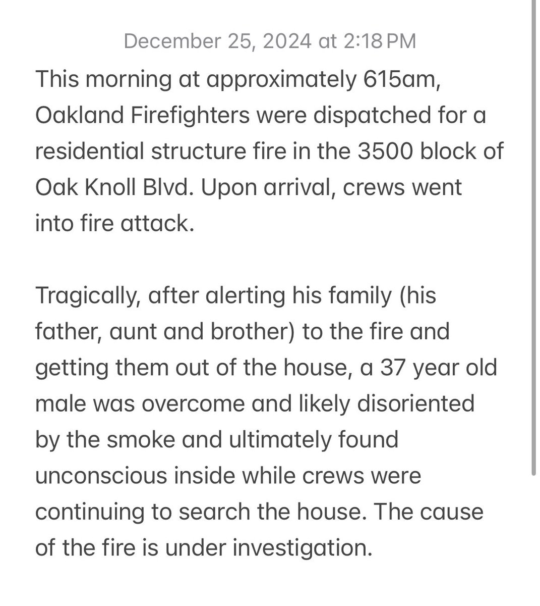 Update on the fatal fire incident this morning in the 3500 block of Oak Knoll Blvd. Our heart goes out to the family and their neighbors.