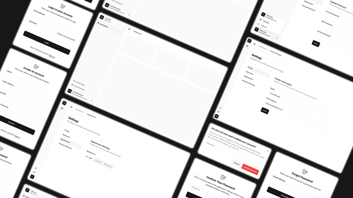 tnylea's tweet image. Happy holidays! 

Here&apos;s a quick preview of the new Laravel Starter Kits that will be in your hands next year 😁
