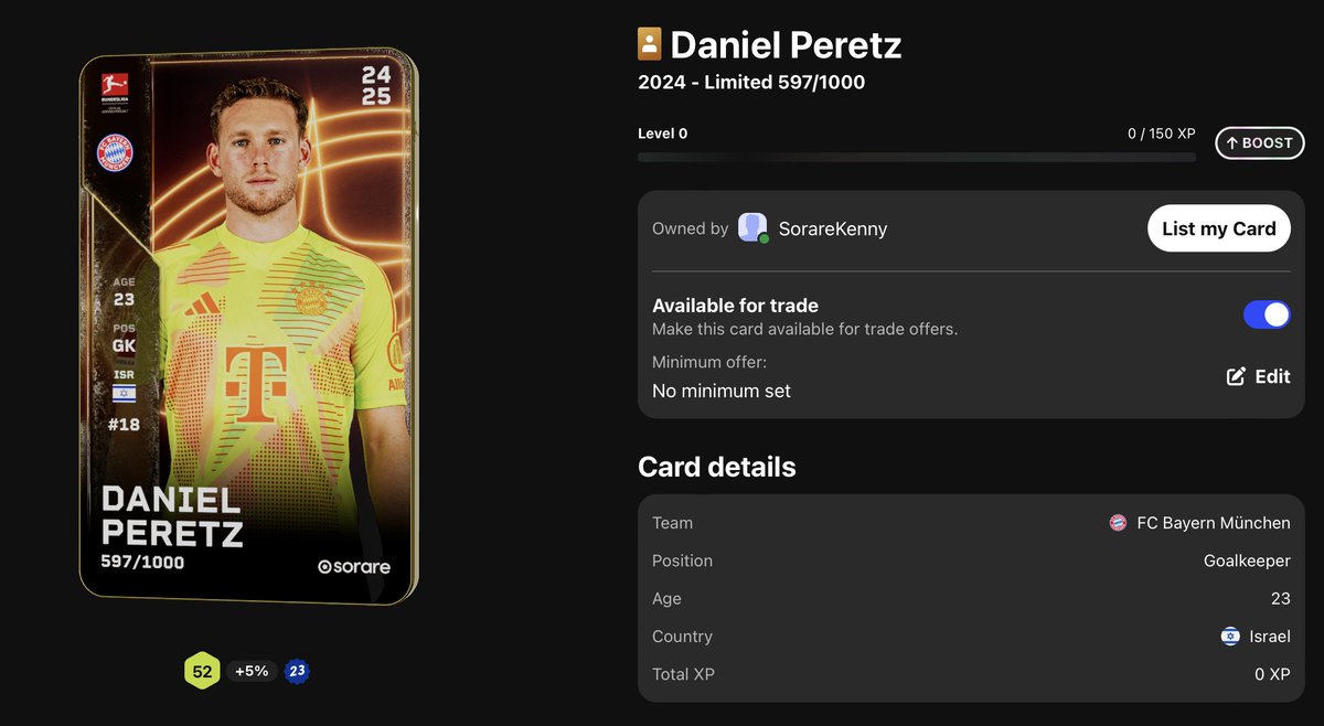 SorareKenny's tweet image. To celebrate Christmas and to give back a little to the community, I'll be giving away an In Season Daniel Peretz! All you have to do is: 
Like this post, retweet, and comment your Sorare username. 
 Valid until 12/26 at 12 PM!  #Sorare #bayern