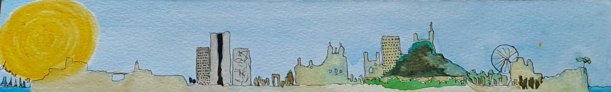 JospinSimone's tweet photo. 366.24/357 - Skyline Marseille de mes amours.... rofapé do mes de setembro em meu calendário. (aquarela,  ecoline,  bico de pena e nankim) Este participou da exposição 1° MatchBox na Noruega 2024. https://t.co/NoJcz7Yece