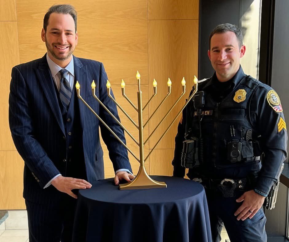 From the very first night to the last, the Franklin Police Department wishes you a very Happy Hanukkah! 
📸: FPD Public Information Mgr., Max Winitz, and Sgt. Adam Cohen.