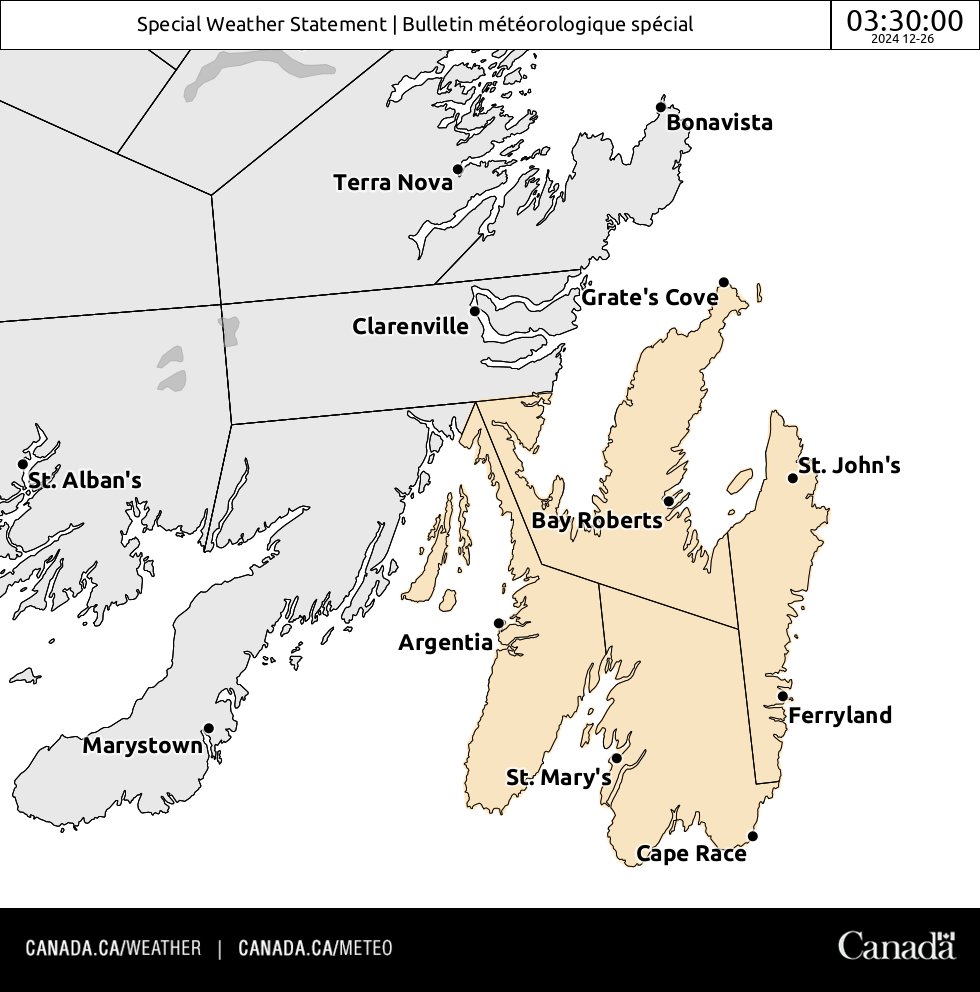 ECCCWeatherNL's tweet image. A Special Weather Statement has been issued for the Avalon Peninsula for Boxing Day (Thursday). While significant snowfall is not expected, snow will cause variable winter driving conditions. Allow yourself extra time to get to your destination! #NLwx