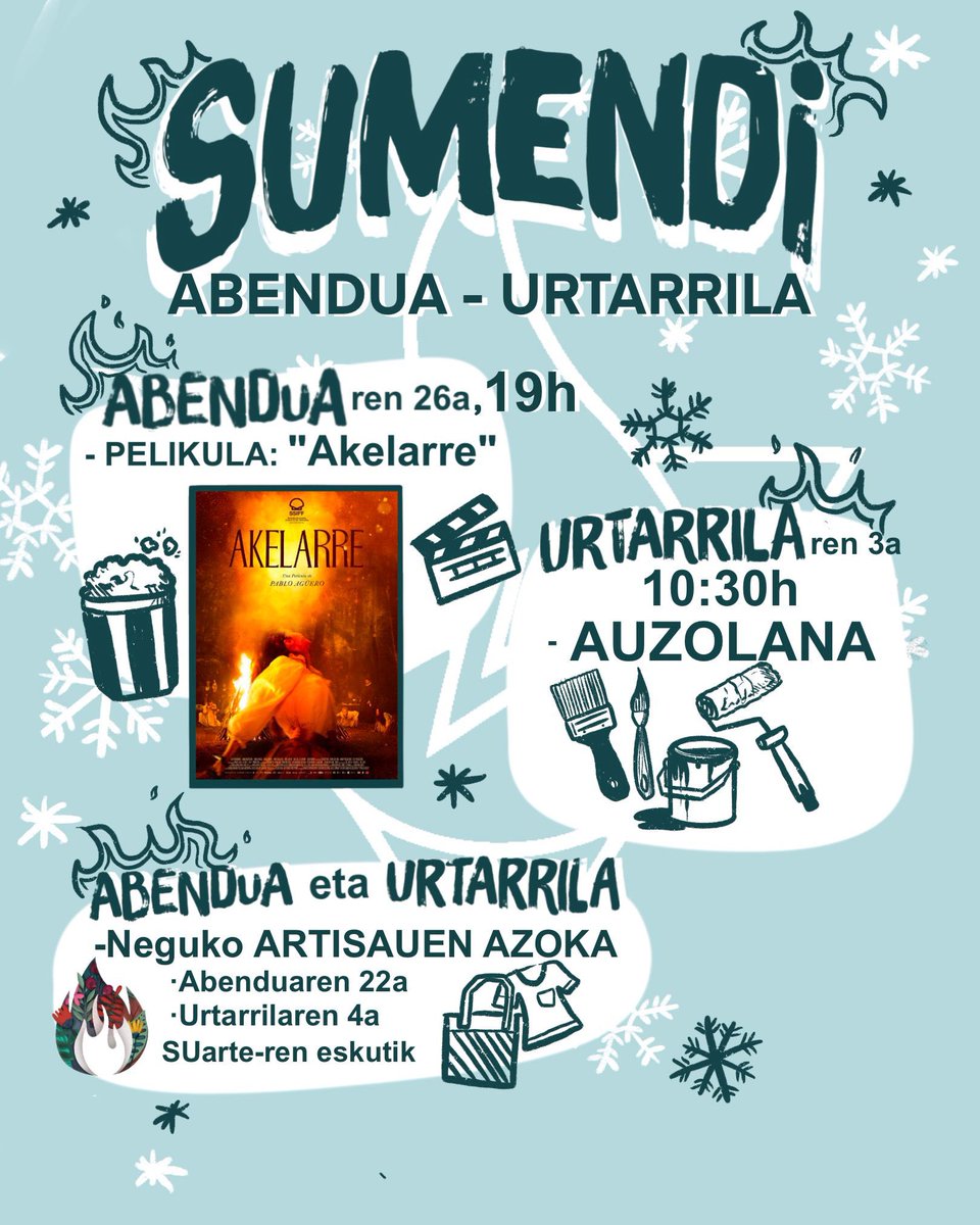 Animatu bihar gurekin batera Akelarre filma ikustera!!
Baita aprobetxatu agendan apuntatzeko data hauetan eukiko ditugun beste ekintzak!