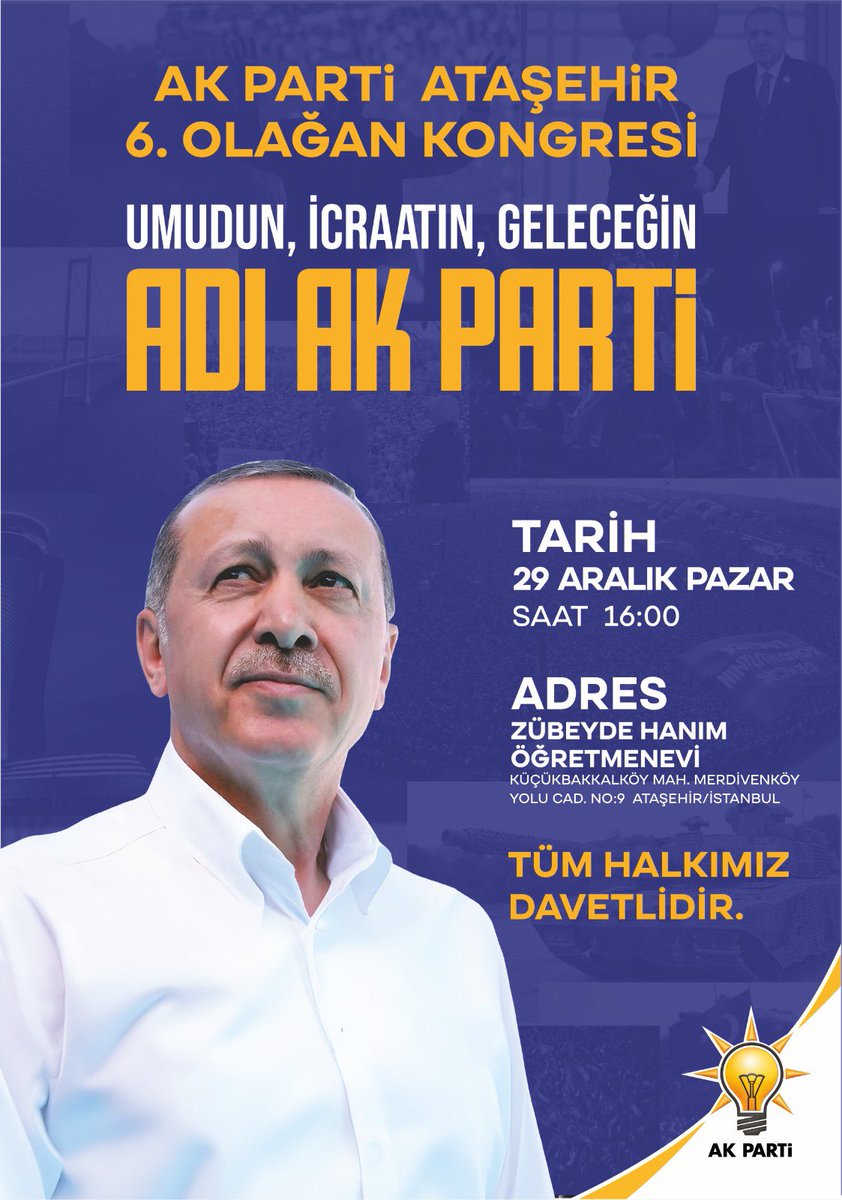 İlk günkü heyecan ve aşkla, birliğimizi, kardeşliğimizi ve azmimizi daha da güçlendirerek yolumuza devam ediyoruz.

Büyüyecek, gelişecek ve milletimize hizmet etme kararlılığımızı sürdüreceğiz.!

AK Parti Ataşehir İlçe Başkanlığı 6. Olağan Kongremize tüm halkımız davetlidir.

🗓️