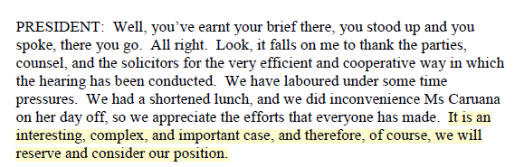 FSUofAustralia's tweet photo. As a contrast to eKaren's various conspiratorial ramblings about the litigation and ourselves, this was literally the President's concluding remark in @celinevmachine_ 's case the other day - it is an 'interesting, complex, and important case'.

Perhaps someone in her office should brief her properly about the proceedings. But maybe they tried and she simply would not listen.