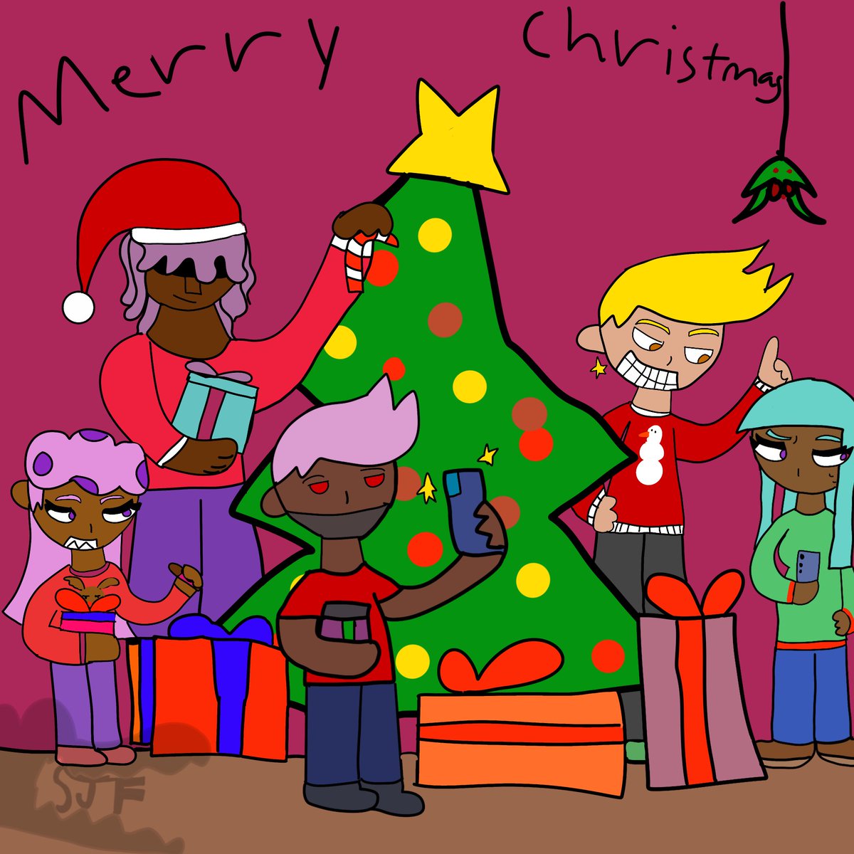 Schelsy2's tweet photo. Merry Christmas and I hope y’all having a good holiday and kunny her friends,including Chloe a Christmas time #drawing #blueskyart #art #christmasart #drawing #ocs #splatoonocs #christmas #cartoon #comic #comicedit #vibe #procreateart #digitalart chole: @ScoutScootSceet https://t.co/5bHx24tXN9