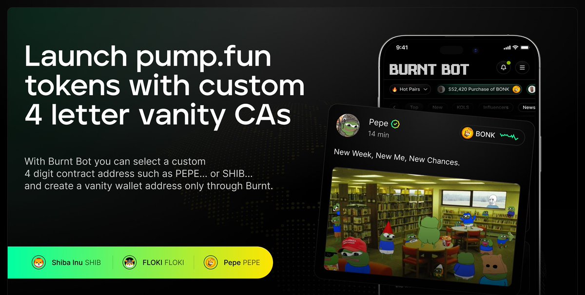 Our <a href="/pumpdotfun/">pump.fun</a> token launcher is now live on the Burnt Bot! 

Create custom CAs and leverage our integrated AI language model to help craft your tokens seamlessly.

We built a custom contract that collects deployment fees and burns $BURNT, see below 👇 

solscan.io/tx/mxfxh2BdPX6…