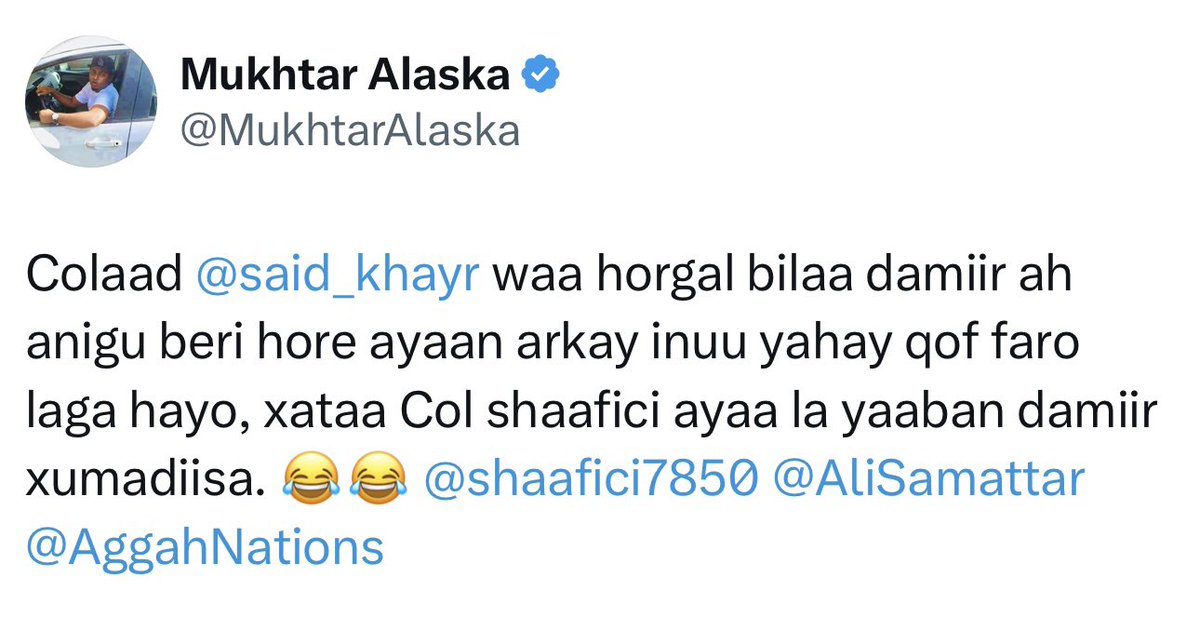 yasin1449's tweet photo. @MukhtarAlaska adigu halkeed cawa joogtaa?? Gun intaan kaa dhigay ayaan xataa kuu diiday inaad maydkaga qaadato guryahagii berahaagi iyo maatadadiiba anaa gacanta ku haya.

Maxaad utari kartaa #Ogaadeen??? Af qadhmuun moyaane? 

@said_khayr wa saldanadii damiirkiisa ayaa nool. https://t.co/2MN463qsa4