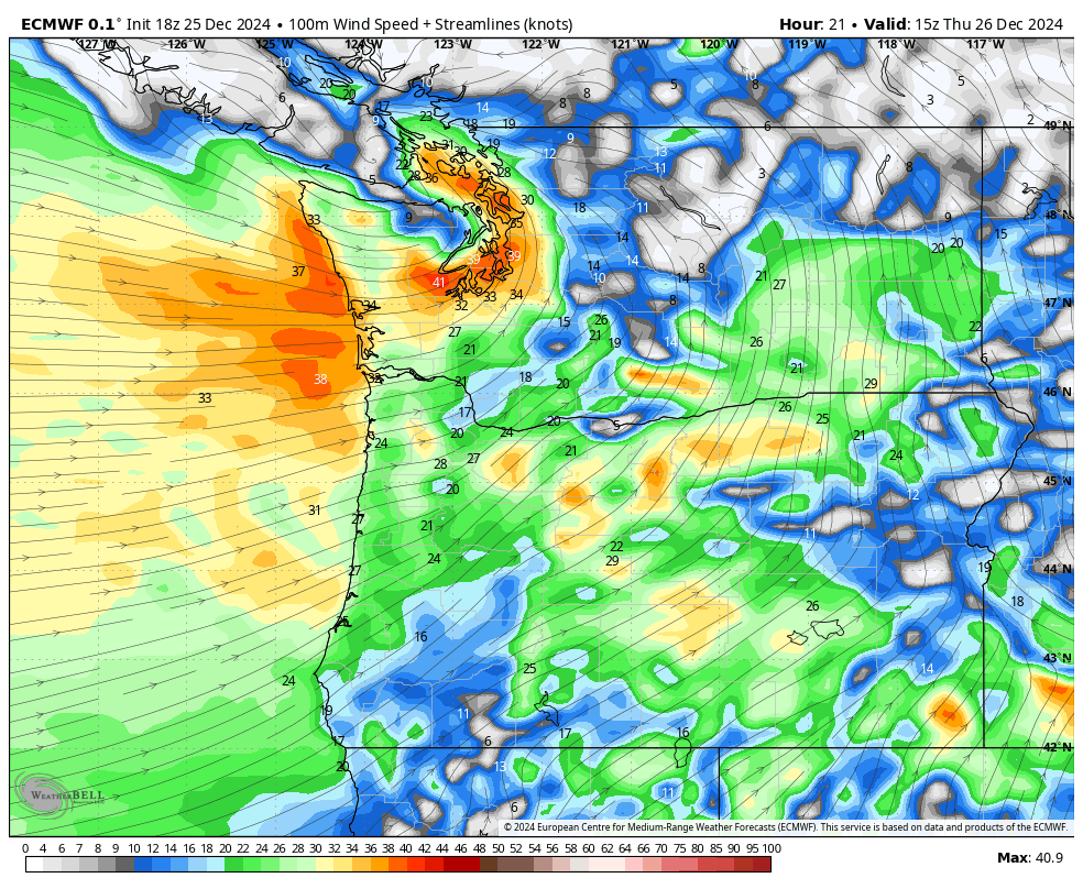 SeattleWXGuy's tweet photo. Well, we are coming up quickly on the December 26th storm. If the 18z ECMWF is right, this will be the biggest impact for some areas of the Puget Sound since December 2006 Han Eve Storm.  Not all models agree yet. But everyone needs to be aware of this potential!! #wawx #wind https://t.co/NMdRH4udcy