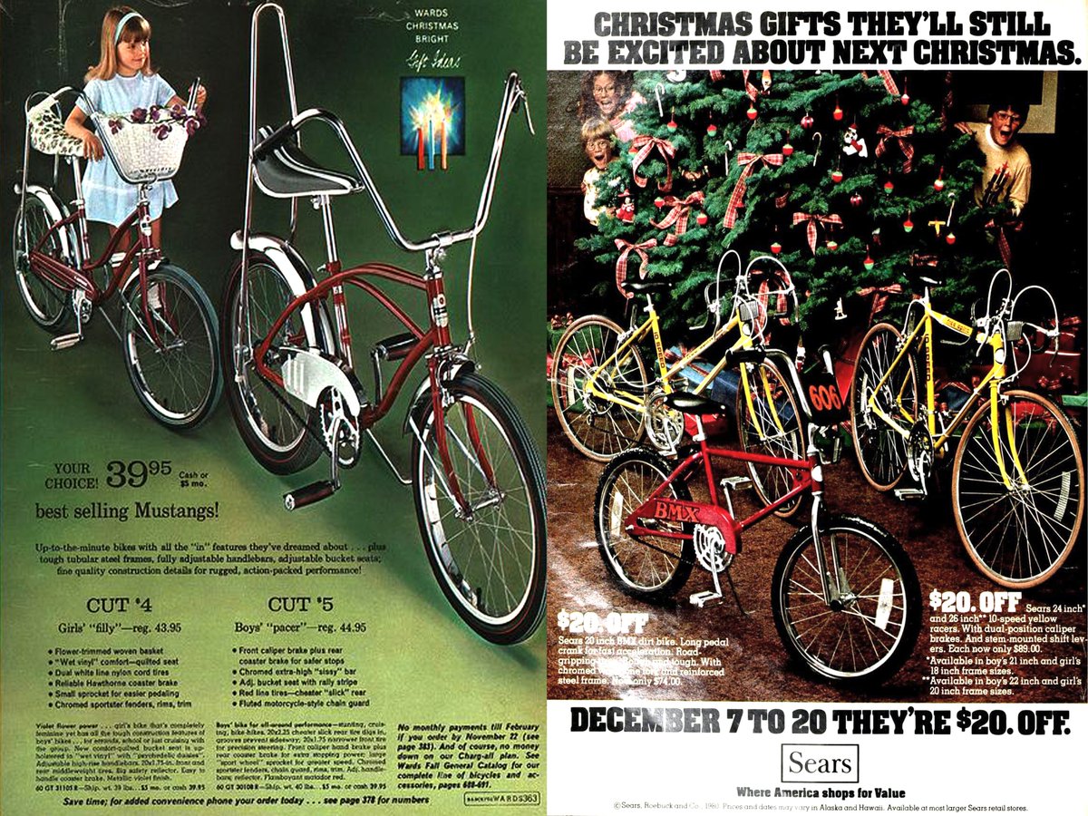 Though these once giants of retail are pretty much gone,
the really cool bikes they sold still live on.
(And some, if in great shape are worth small fortunes!)
Over half a century hence bicycles are still some of the best gifts ever - gifts as exciting next Christmas as this one.