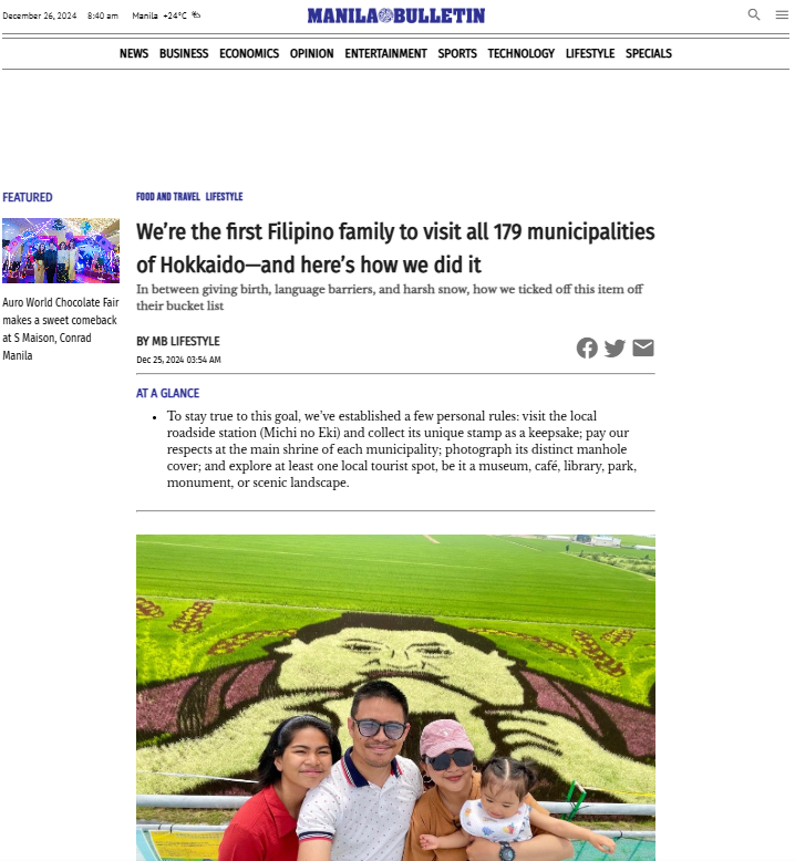 NeilNicerio's tweet image. We’re the first Filipino family to visit all 179 municipalities of Hokkaido—and here’s how we did it mb.com.ph/2024/12/25/we-… #manilabulletin via @manilabulletin