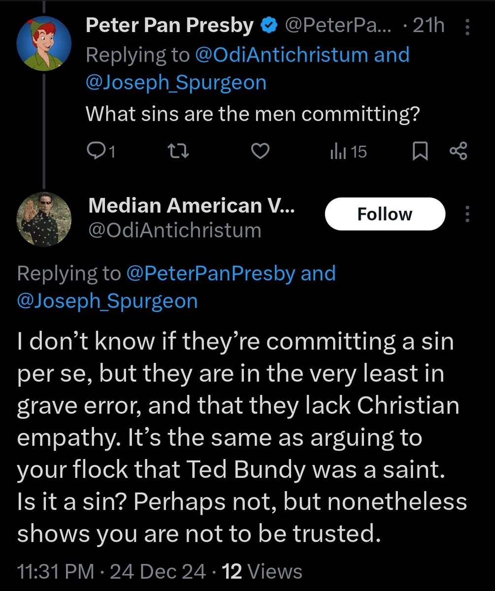 PeterPanPresby's tweet photo. @SavedbygraceIII Even if they didn't block and report, it's not like they follow any sort of logic or principle.

"It's not sin,  but they are hurting the feelings of nobody I personally know. " https://t.co/Z7ibWBVBPd