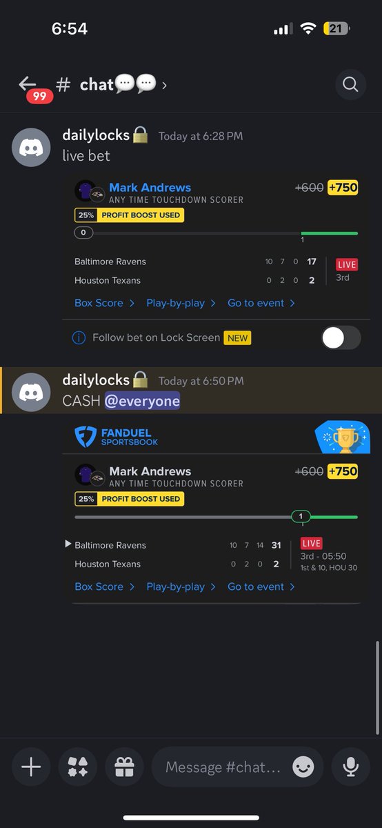 PPLocks1's tweet image. CASH LIVE BET FROM DISCORD‼️‼️

MARK ANDREWS ATD +600
IM GIVING OUT FREE PLAYS EVERY DAY WHY ARENT YOU TAPPING IN‼️

discord.gg/nrswz696

#fanduel #nfl #NFLonNetflix #RavensvsTexans #parlay #touchdown #GamblingTwitter #GamblingX #GamblingCommunity #BettingX
