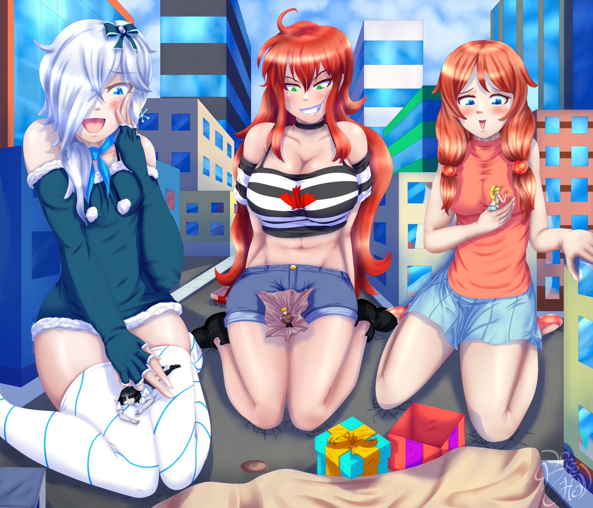 While delivering presents, Carol had gotten distracted seeing Helena being so small. This made it so that the naughty Sarah and the nice Manami would get presents regardless. Done by <a href="/Kogochew/">Kogochew</a> featuring his and <a href="/LittlePunkMan1/">The Little Punk</a>'s OCs. #giantess