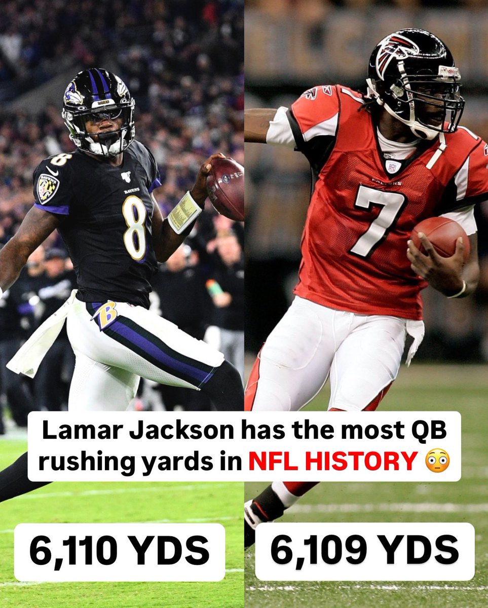 betr's tweet photo. Lamar Jackson passes Michael Vick for most rushing yards by a QB in NFL HISTORY 😳 https://t.co/lafX05uNdS