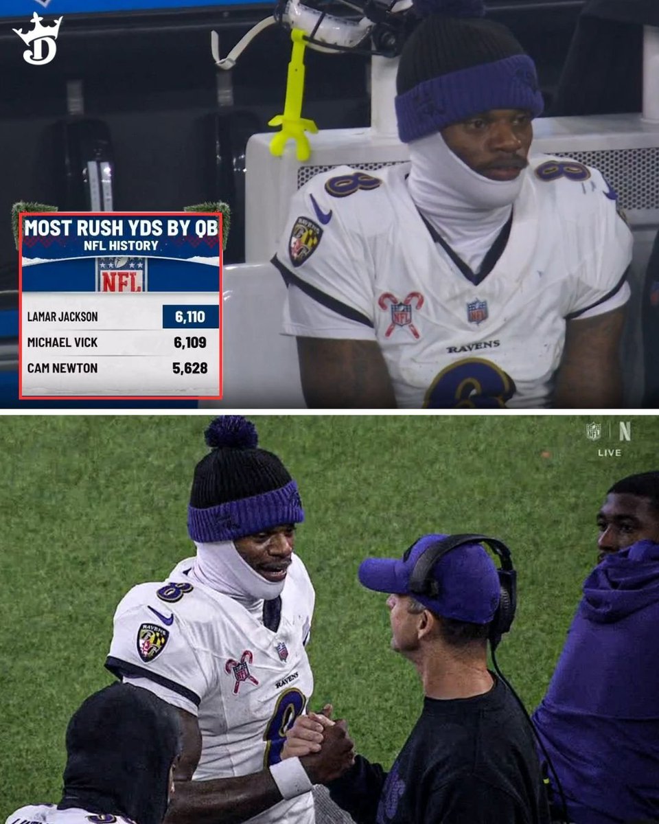 DKSports's tweet photo. John Harbaugh made sure he was the first to congratulate Lamar Jackson after becoming the NFL's all-time leader in QB rushing yards 🥹 https://t.co/WJgaaemPAt