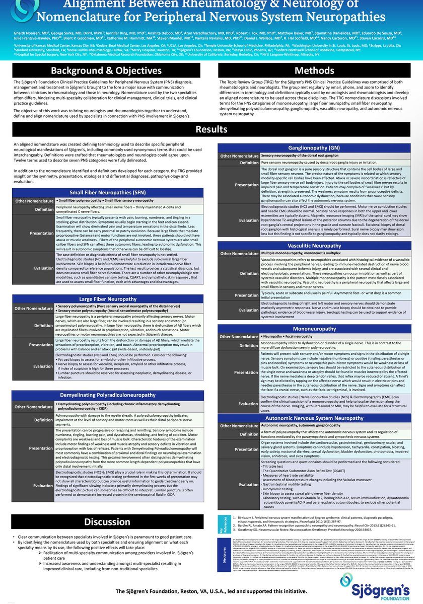 alb_giraldo's tweet photo. The #Sjögren's Foundation has developed an evidence-based clinical practice guidelines for peripheral #nervous system (PNS) manifestations in patients with Sjögren’s disease. The objective of this work was to bring #rheumatologists and #neurologists and together to understand, define and align nomenclature used by specialists in connection with PNS involvement in Sjögren's, but could also be useful for other systemic #autoimmune diseases. 

🔓 American Academy of Neurology 2024 Annual Meeting poster presentation (shared by the authors)
🔗https://t.co/HCSbgZIg2J

🔒Accepted manuscript in Arthritis & Rheumatology
🔗https://t.co/zN2u2jc3En