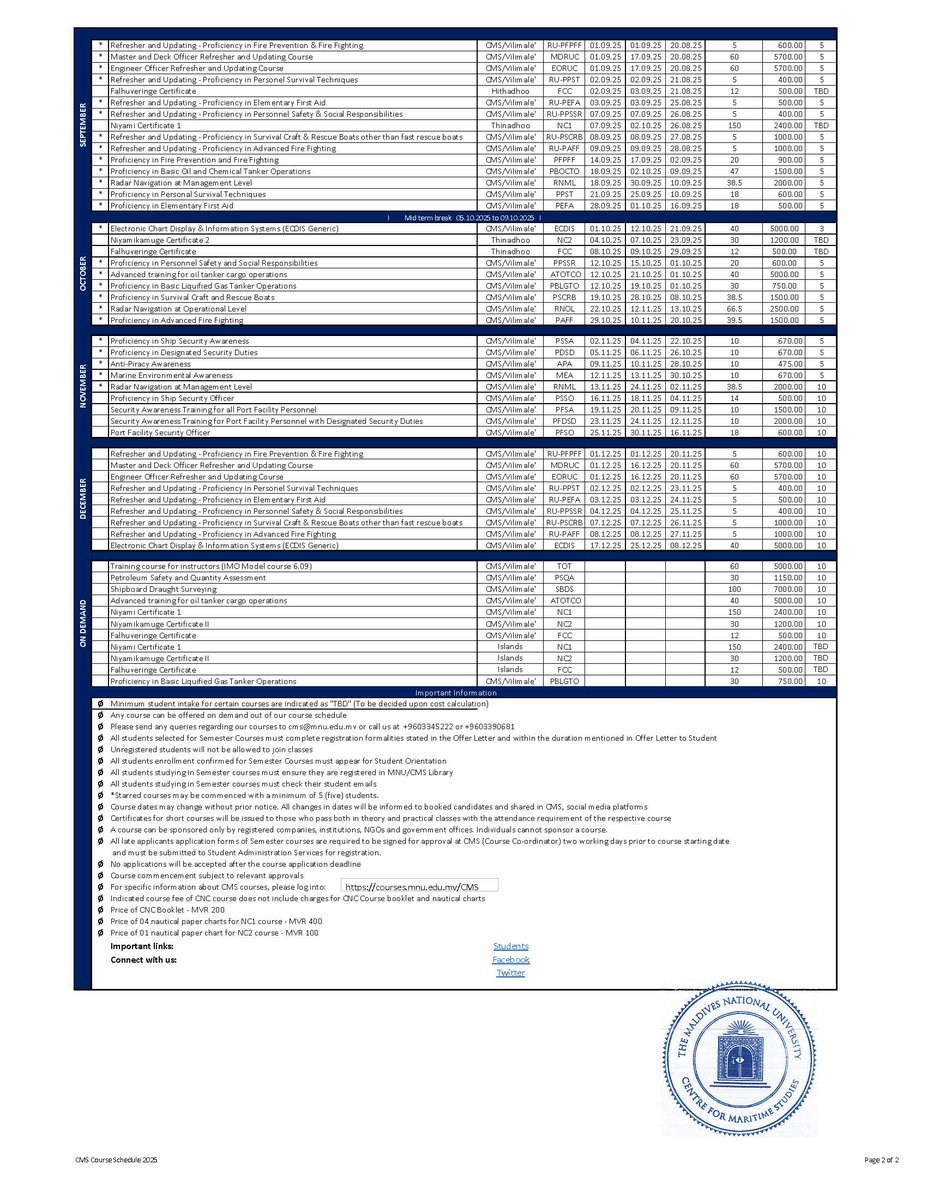 Explore our range of programs tailored for current and future maritime professionals in our course schedule for 2025. 
#MNU #maritimestudies