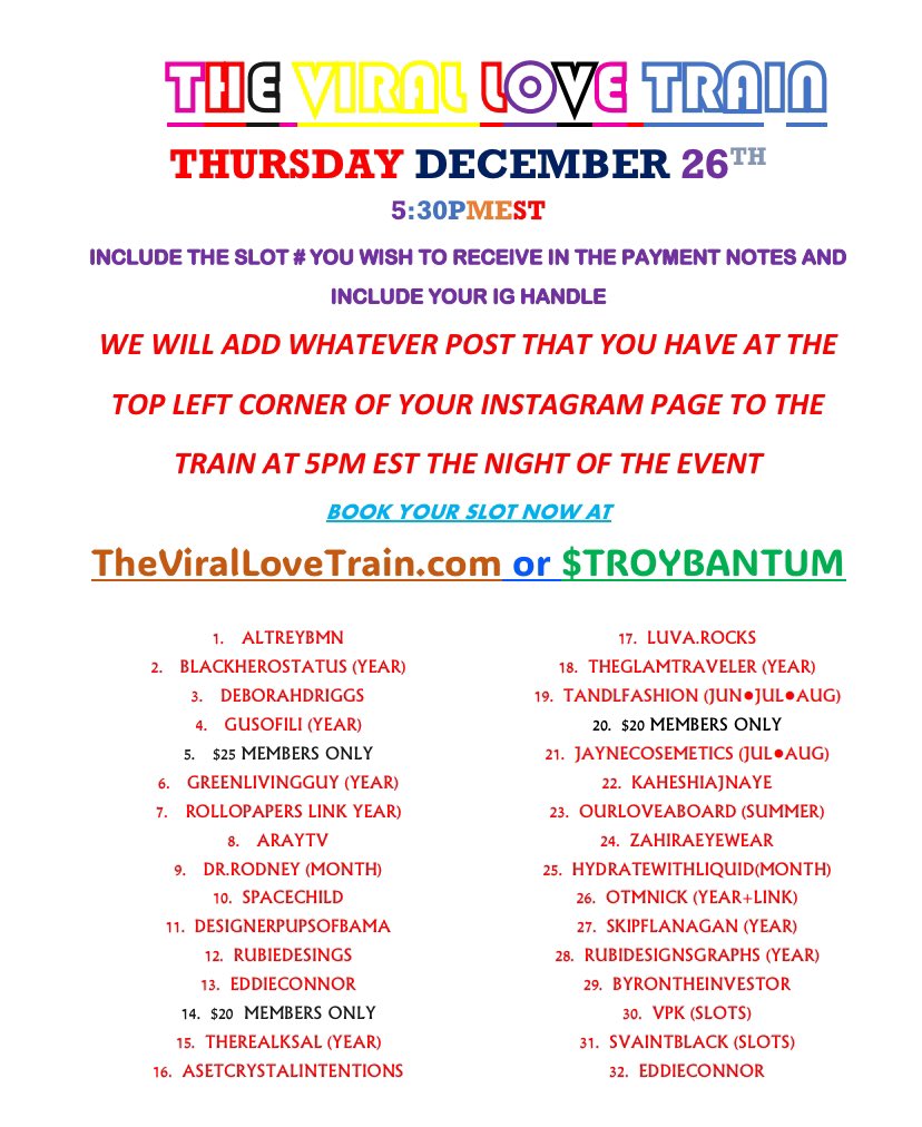 TODAY IS THE VIRAL LOVE TRAIN CLAIM YOUR SLOT NOW $TroyBantum or paypal venmo link on website thevirallovetrain.com
