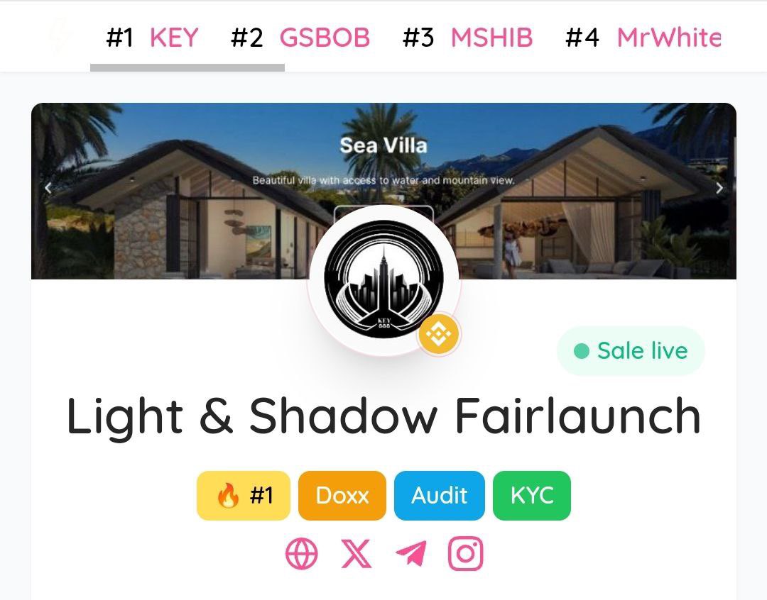 lsglobalX's tweet image. Light &amp;amp; Shadow (KEY) - Pinksale Fairlaunch

Now live!

pinksale.finance/launchpad/bsc/…

Visit our Telegram Group: t.me/lsglobal

#Fairlaunch #Presale #RWA #realestate #discount #crypto
