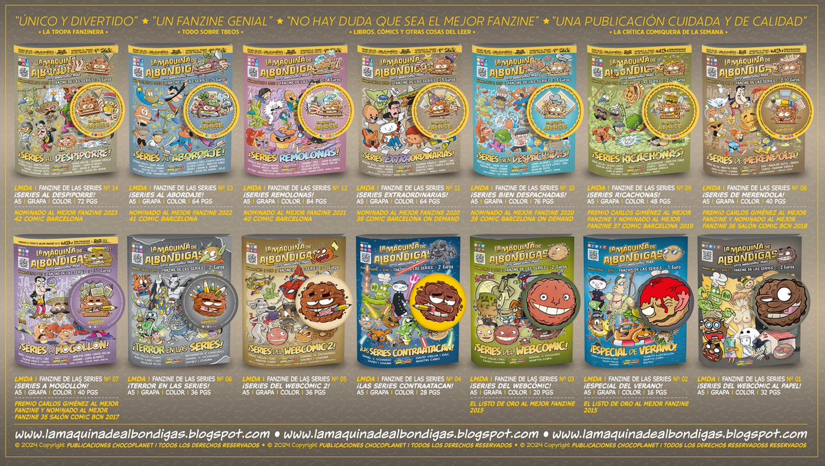 ¡TAN SOLO! queríamos hacer un FANZINE, DIBUJAR y ¡DIVERTIRNOS! Pero, el FANZINE DE LAS SERIES de <a href="/comicALBONDIGAS/">La Máquina de Albóndigas</a> siempre será ¡MUCHO MÁS! Desde sus molonas y coloridas PORTADAS, entrañables PERSONAJES, y geniales AUTORES hasta nuestros maravillosos FANS ALBONDIGUEROS.
👇🏻👇🏻👇🏻