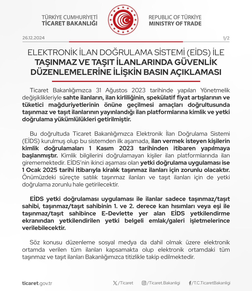 ticaret's tweet photo. Elektronik İlan Doğrulama Sistemi (EİDS) ile Taşınmaz ve Taşıt İlanlarında Güvenlik Düzenlemelerine İlişkin Basın Açıklaması

(26.12.2024) https://t.co/cBzzao9Ar6