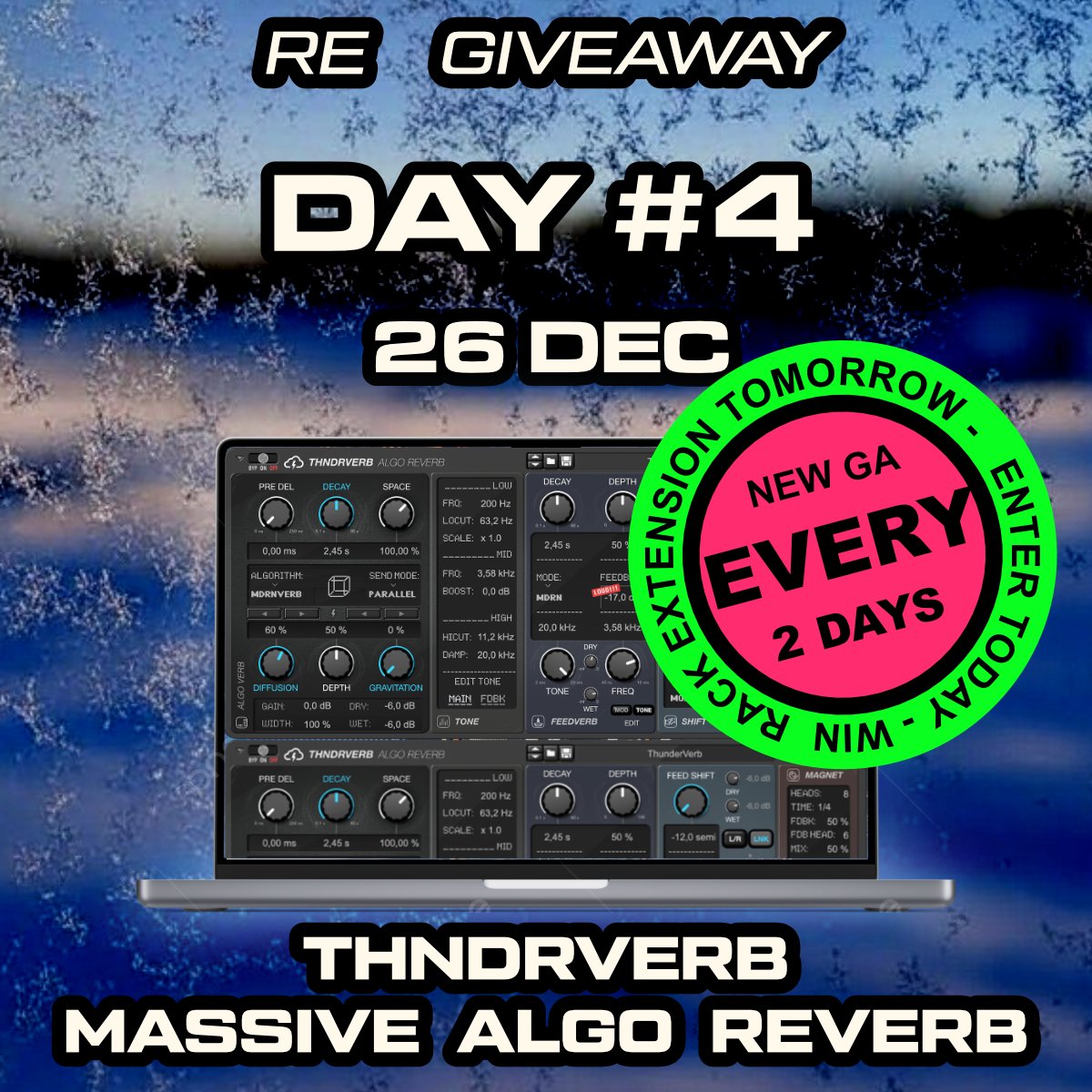 Turn2on's tweet photo. GIVEAWAY DAY #4 / 26 DEC
Win THNDRVERB! Algorithmic reverb with huge controls and amazing landscapes
Just enter, and win!
https://t.co/ibjuDLu6wg
#thndrverb #reverb #algo #reverberation #t2on #turn2on #reasonstudios #reason #rackextensions #rack #effect #fx #reasonrack #space https://t.co/womJXiN2O4