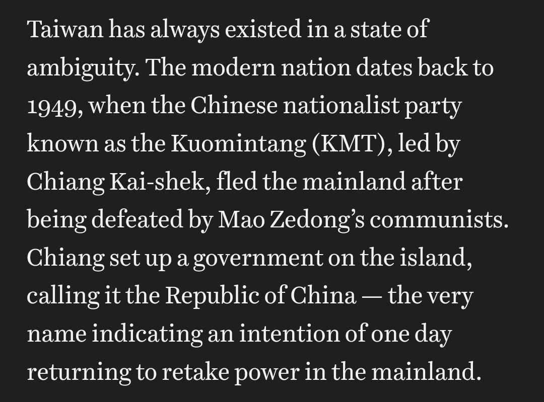 heguisen's tweet photo. Missed this Vox piece last week - many big errors in just one graf

1. Taiwan's status has not always been ambiguous
2. Taiwan modernized under Japanese colonialism before KMT arrival
3. KMT seized Taiwan in 1945
4. ROC was established in China in 1912
https://t.co/WkSSaHPvOu... https://t.co/oqgbHrfFFA
