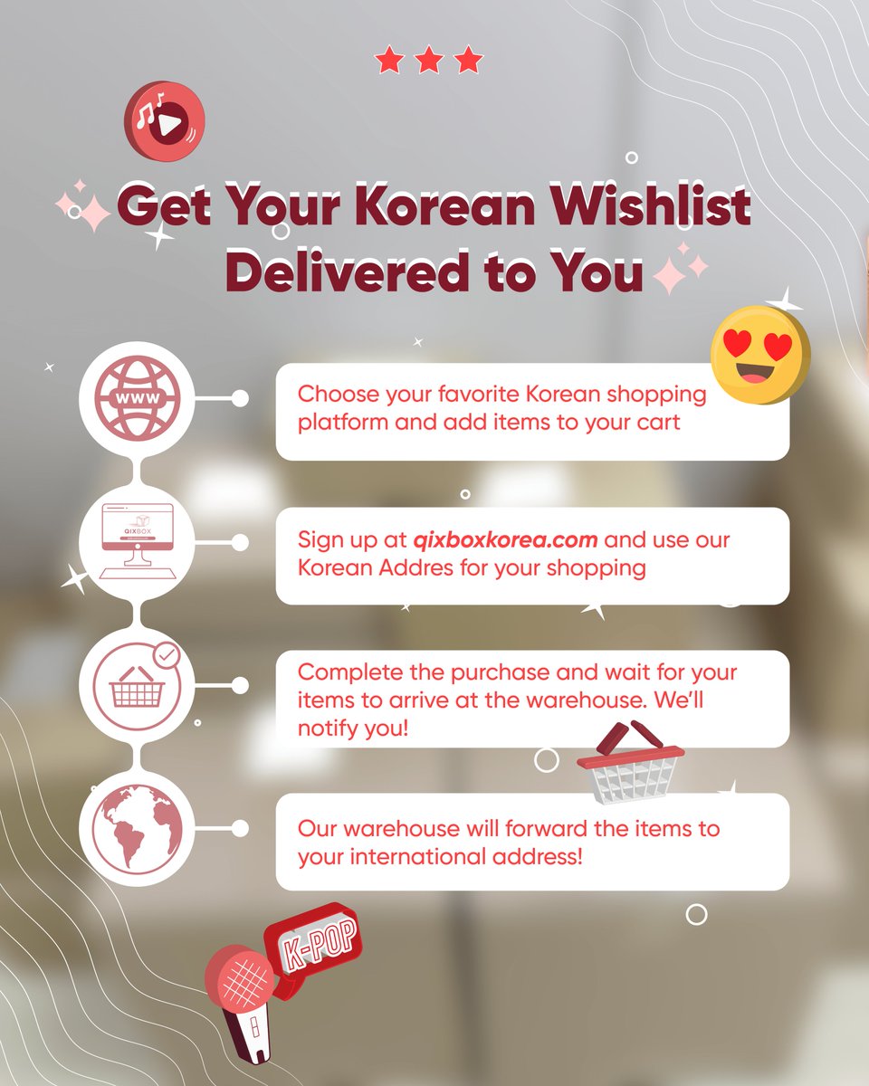 qixbox's tweet image. ✨ No need to fly to Korea to get your favorite products!

Unlock the best Korean brands by using a Korean address. 🛒💌
With a simple setup, you’ll be enjoying Korean shopping right from home.

Get started with Qixbox Korea today!

#kpopsale #koreawarehouse #koreaproxyservice