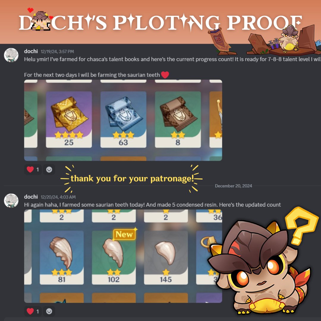 dochipilot's tweet photo. ✦ character building (ascension, talent material farming)! 2/2🦔#dochipilotreceipt https://t.co/EQHVN1ZrNM
