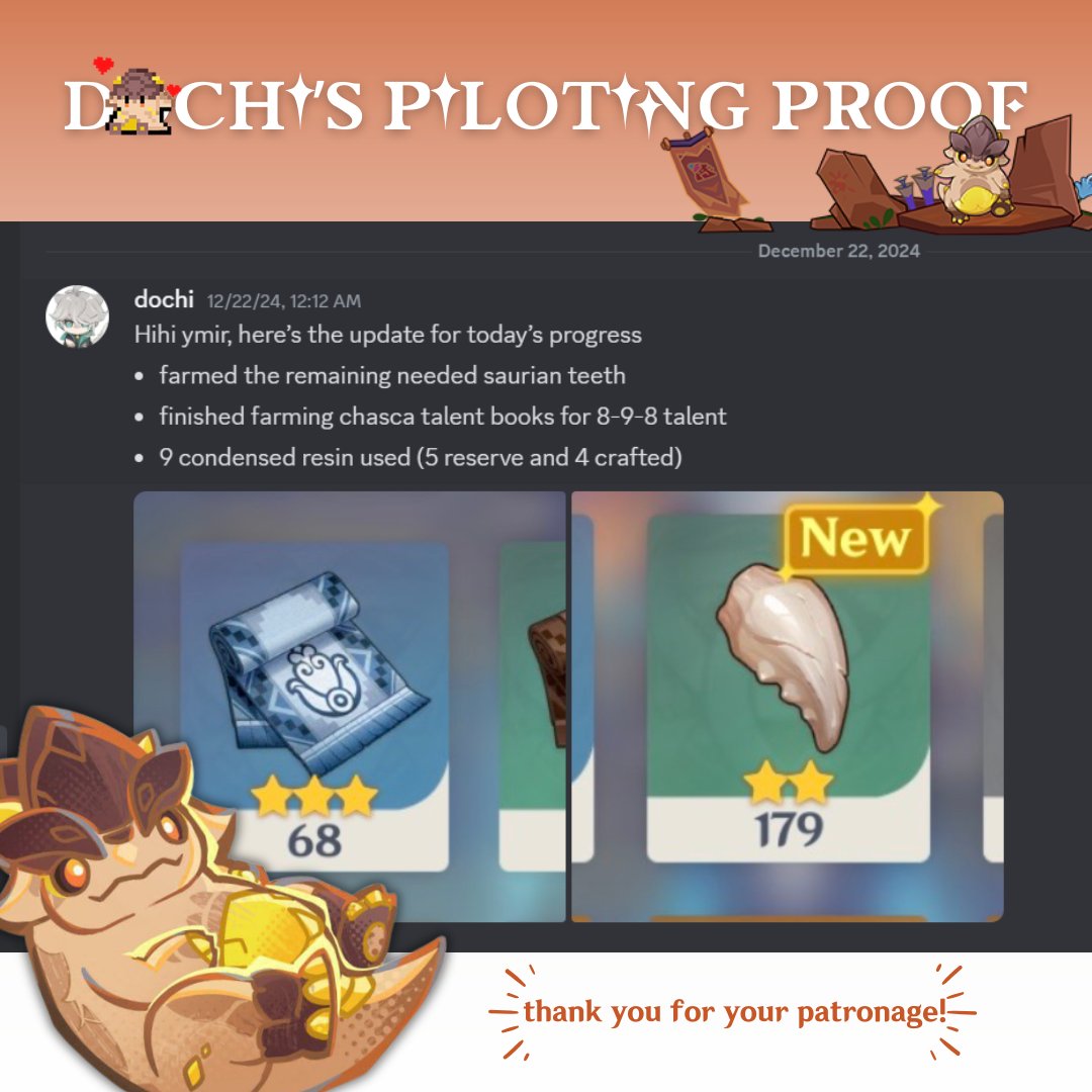 dochipilot's tweet photo. ✦ character building (ascension, talent material farming)! 2/2🦔#dochipilotreceipt https://t.co/EQHVN1ZrNM