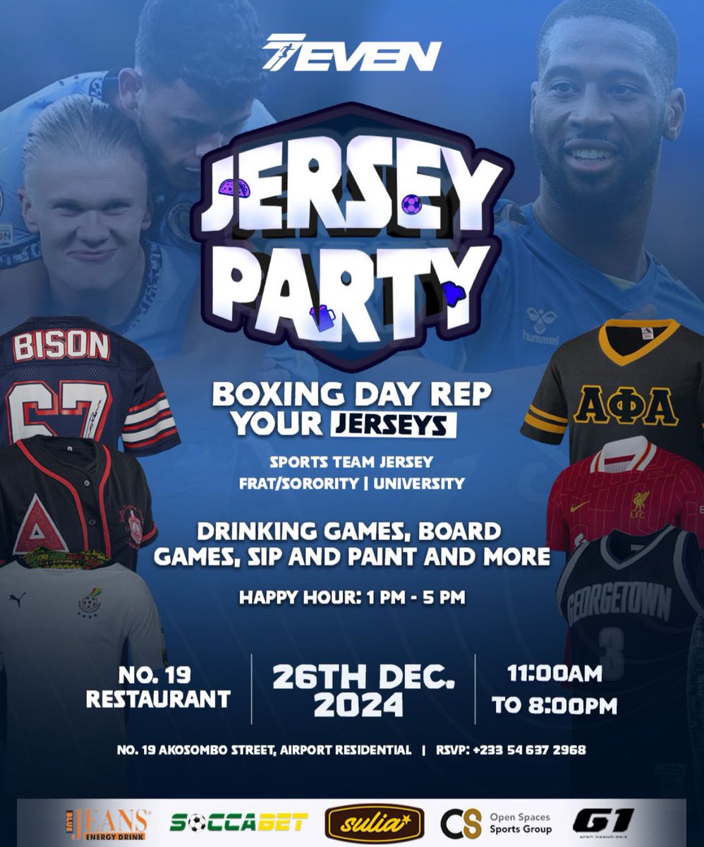 Don’t miss the Boxing Day Jersey Party today! ⚽🎮 11 AM - 8 PM: live football, FIFA &amp; sim racing tournaments, plus happy hour from 2-5 PM. Powered by 7even Sports x Sulia x Open Spaces x G1 AfroGrandPrix.