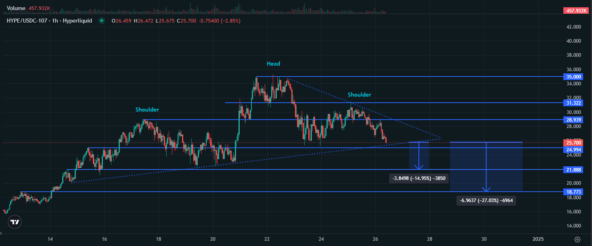 Paying attention to this head and shoulders top formation on $HYPE

I feel like it needs a long winded correction after such a strong run, test the holders and community, build a new set of holders once the team has properly addressed the security concerns, 

Participants are