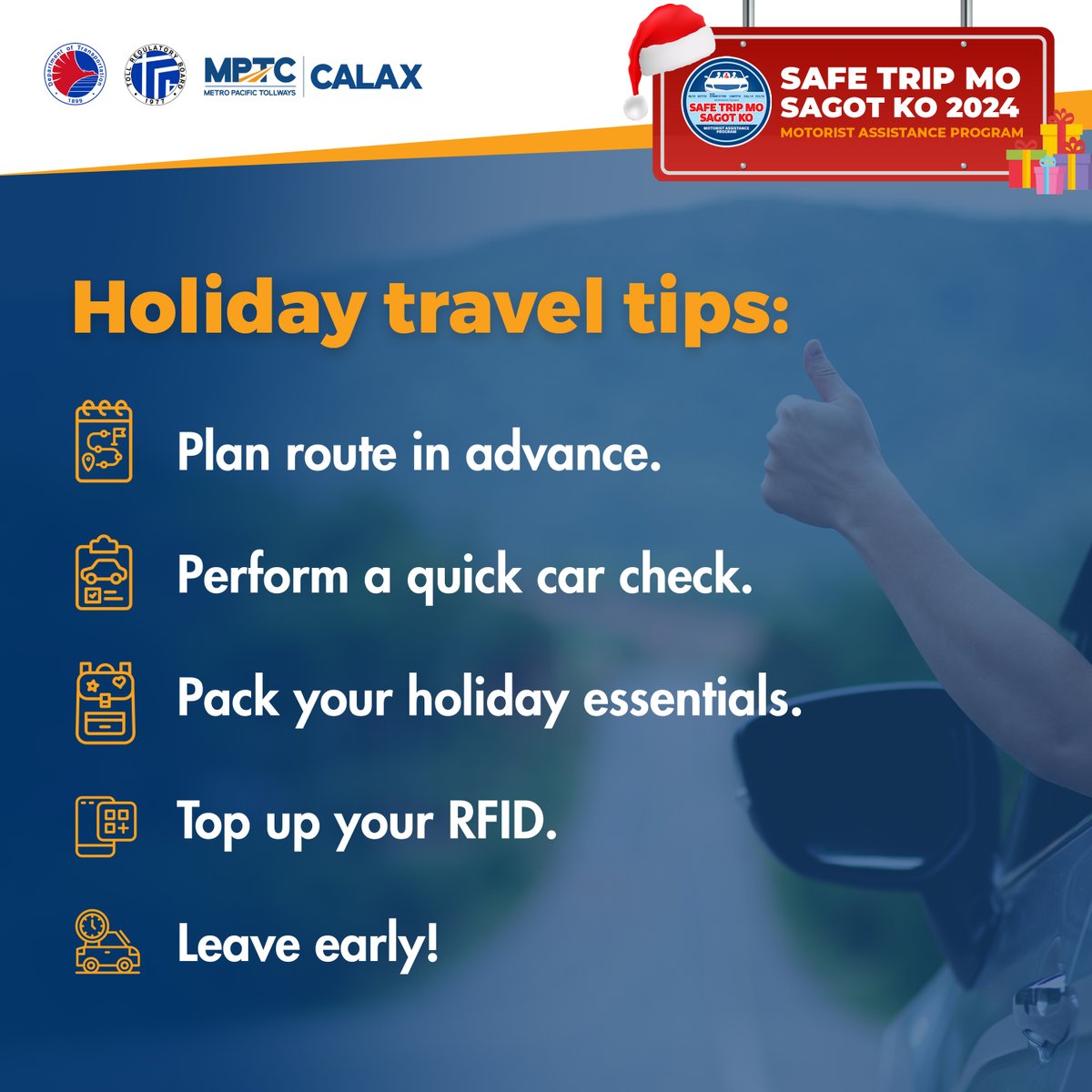 OfficialCALAX's tweet image. Planning a relaxing staycation this holiday season?

Before you hit the road, make sure to check out these essential travel tips for a smooth and stress-free journey.

Drive safely, Ka-Drayberks!

#CALAX #Holiday2024