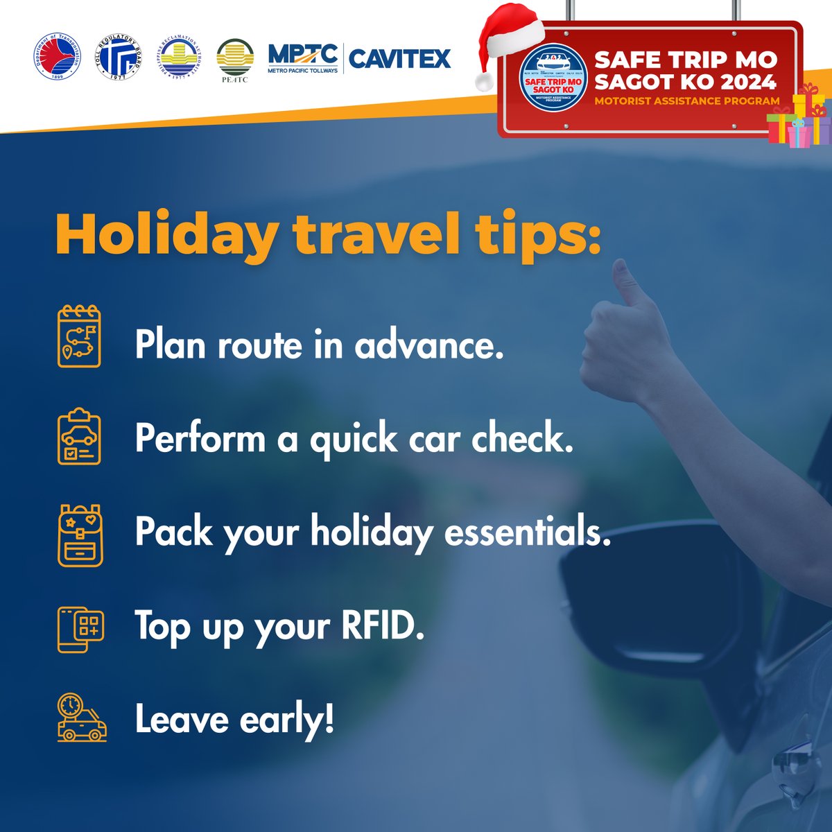 CaviteXpressway's tweet image. Planning a relaxing staycation this holiday season?

Before you hit the road, make sure to check out these essential travel tips for a smooth and stress-free journey.

Drive safely, Ka-Drayberks!

#CAVITEX #Holiday2024