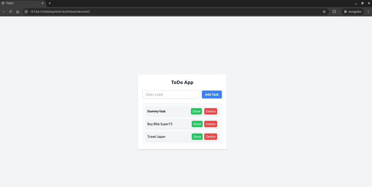 #Day4 Built a simple yet functional ToDo app! 🎯
Learn JS Selectors, Event Handler &amp; form handling, 
Add "Done" and "Delete" buttons for tasks.
Styled with Tailwind CSS for a sleek look.🌟
Feeling great about bringing ideas to life!
#WebDevelopment #LearningJourney
 <a href="/Hiteshdotcom/">Hitesh Choudhary</a>