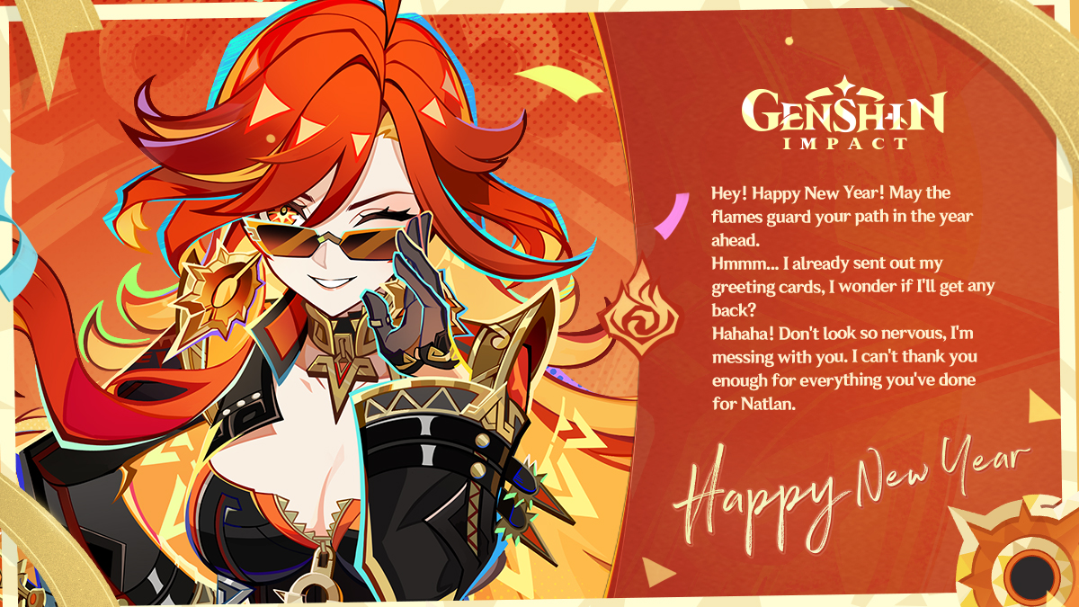 I've received a New Year card and a gift from #Mavuika!
I'm sharing it with you - let's embrace the New Year's good luck!

Redeem code: MAVUIKAWISHES
(Primogems ×30 + Hymn of Gathered Flame ×1)

#MavuikasNewYearsGreeting #StandWithMavuika <a href="/GenshinImpact/">Genshin Impact</a>