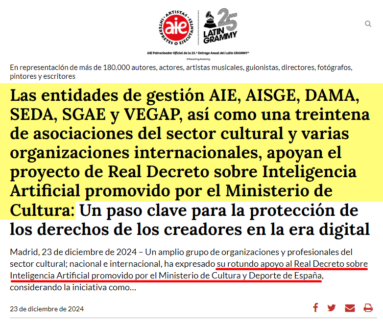 ArteEsEtica's tweet photo. ¿PERO QUÉ DECRETO LEYERON? 🚨 Las entidades de gestión colectiva de derechos APOYAN el Proyecto de Real Decreto de Licencias para el entrenamiento de la IA generativa. Han enviado una carta al Ministro ELOGIANDO el proyecto y alegando que sus 180.000 socios lo respaldan 🪓🤨 https://t.co/Yz8NF5GQsj