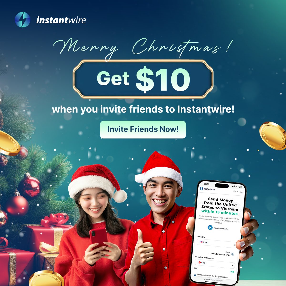 Merry Christmas! 🎄This holiday season, let’s spread joy with Instantwire and receive exciting gifts!

👉 Get $10 when you invite your friends to experience our fast and secure money transfer service! 💸

Share love and bring joy to those around you this Christmas.
#Instantwire