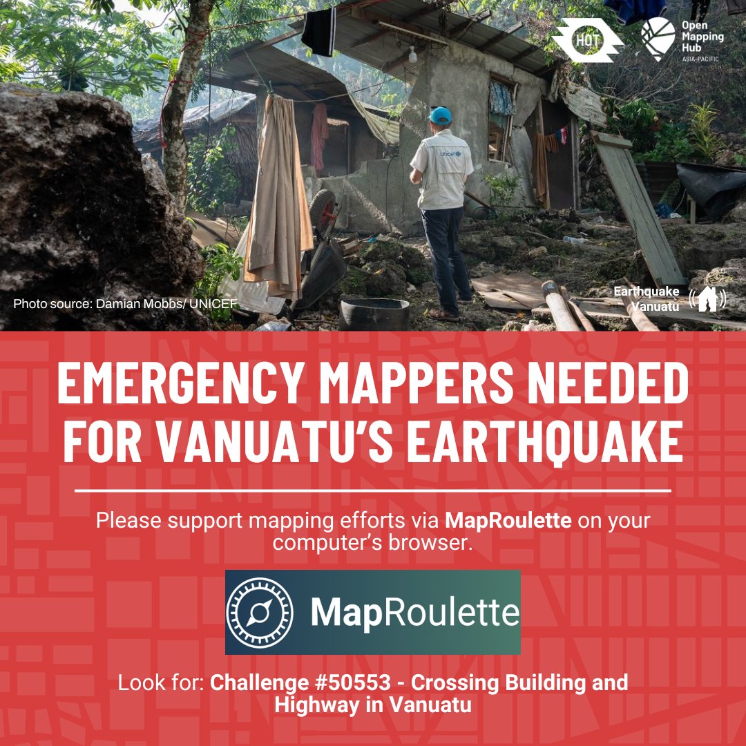 📢📢 URGENT HELP NEEDED! 📢📢
On 22 Dec, a second 6.1-magnitude earthquake struck the coast of Vanuatu, which saw more than 1,000 people displaced. Contribute to mapping efforts here:
<a href="/hotosm/">Humanitarian OpenStreetMap Team</a> 's Tasking Manager: tasks.hotosm.org/projects/15973
MapRoulette: maproulette.org/browse/challen…

#APHub