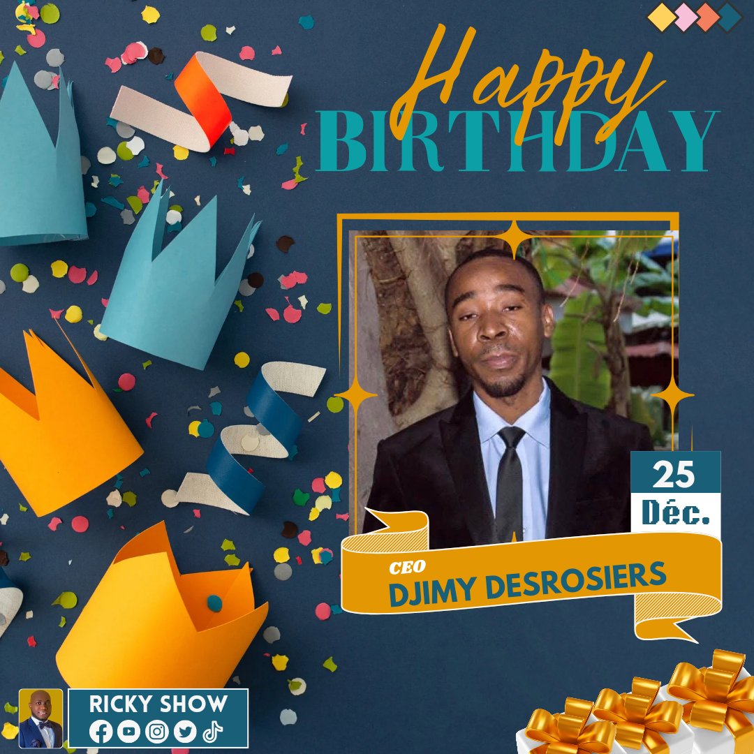 RickyShow15's tweet photo. La plate-forme RICKY SHOW souhaite un joyeux anniversaire au CEO de Casodji Media Group, Inc. Djimy Desrosiers 🎂🍾🎁🎉
#birthday #victory 

#RickyShow https://t.co/1CdKOPrs2j