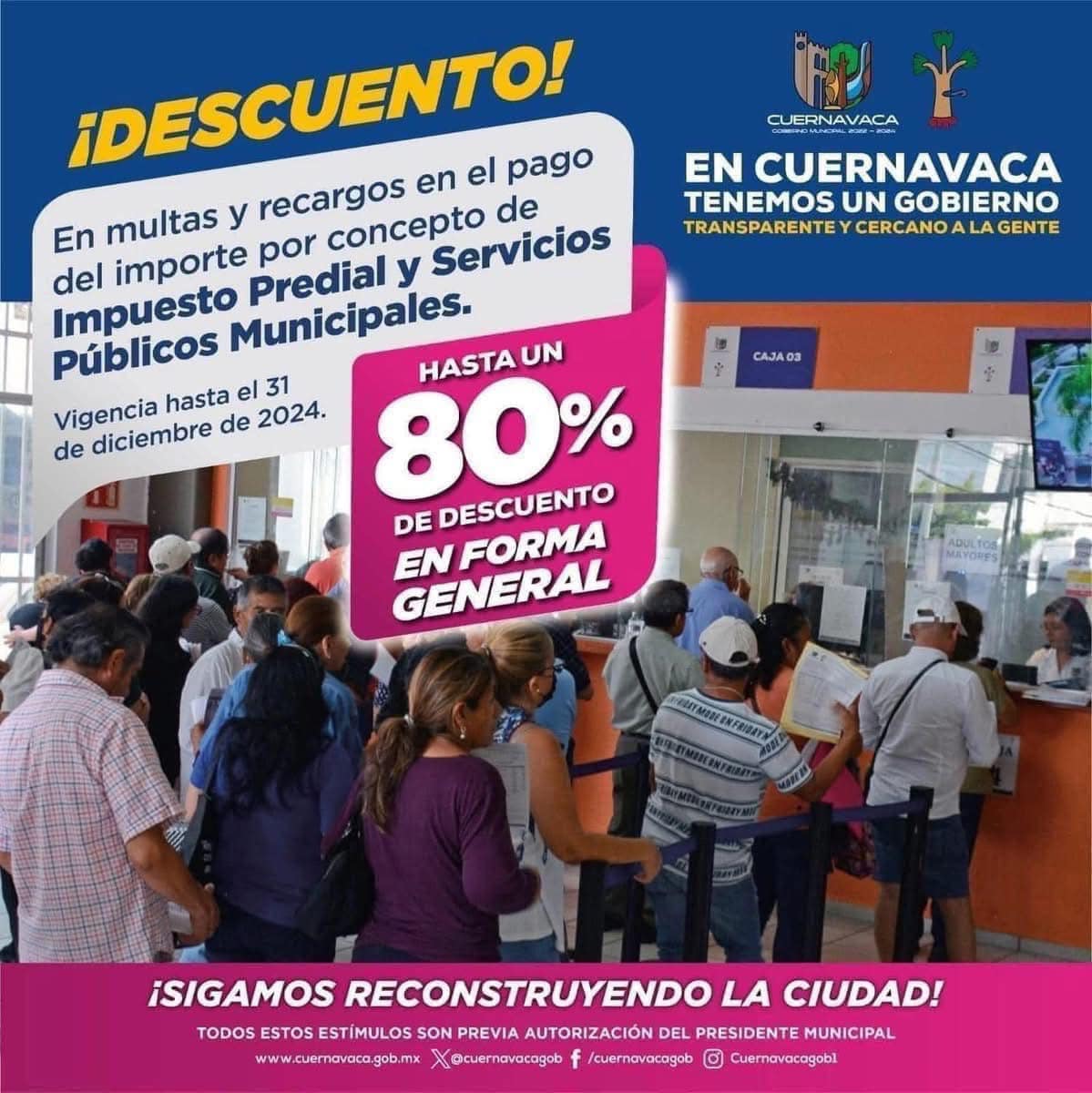 CuernavacaGob's tweet photo. #ATENCION📣31 de Diciembre ÚLTIMO DÍA para aprovechar los DESCUENTOS de Predial💰 ¡Aprovecha ahora!

🔹 Hasta 50% y 15% de descuento en el pago anticipado de tu Predial y Servicios Públicos 2025.

🔹 Hasta 80% de descuento en multas y recargos por pagos atrasados.

#Cuernavaca https://t.co/LXxwxHY4DO