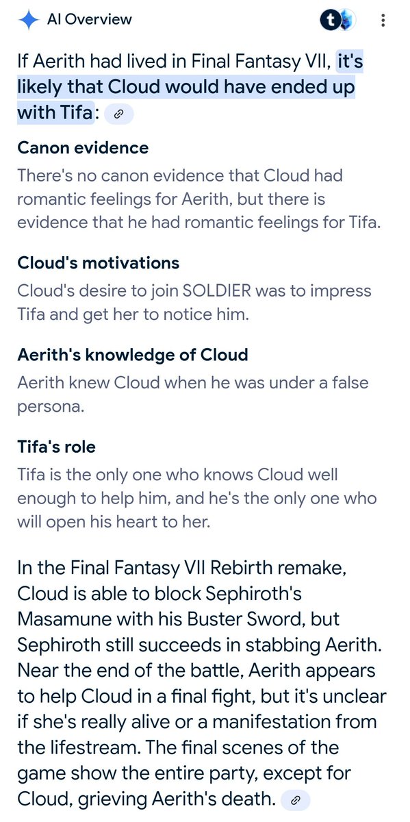 Because I was curious where the fake quote came from, I typed it out on google and was expecting the quote to come from the cloudxaerith site or some clerith blogs.
I got nothing, but the AI overview showed this lol