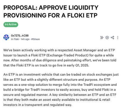 Cointelegraph's tweet photo. ⚡  LATEST: Floki DAO floats liquidity provisioning for a $FLOKI ETP in Europe

If the vote is approved and the ETP goes ahead, Floki DAO will join Dogecoin as the second memecoin to have a registered ETP. https://t.co/7zdE1wbT30