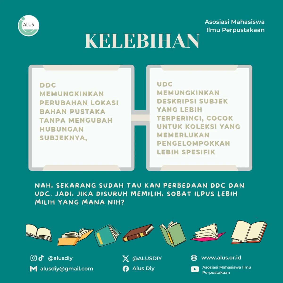 ALUSDIY's tweet photo. Hallo Sobat Alus, pernah bingung memilih sistem klasifikasi perpustakaan? Yuk, kita bahas kedua sistem populer ini! Jadi sobat Alus lebih suka yang praktis ala UDC atau yang mendalam ala DDC ? Komentar yuk di bawah! ⬇️

#alusdiy #alus2024 #ddc #udc #klasifikasi https://t.co/yx3IfkNBCu