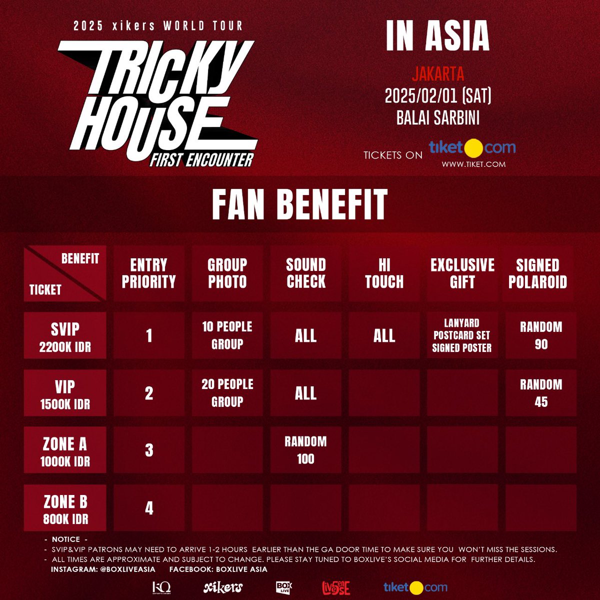 BoxLiveAsia's tweet image. 2025 xikers WORLD TOUR TRICKY HOUSE:
FIRST ENCOUNTER IN ASIA
🗓️1/2/25, Jakarta, Balai Sarbini Tickets on sale on 27/12/24 at tiket.com
Check out the Exclusive Ticket Benefits &amp;amp; FloorPlan
#xikers #싸이커스
#xikers_WorldTour_TrickyHouse
#FIRST_ENCOUNTER_IN_ASIA