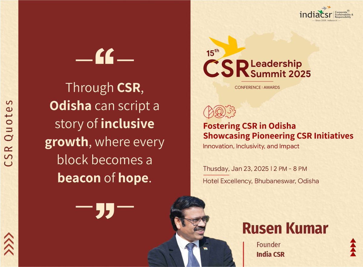 INDIACSR's tweet photo. #CSRQuotes | https://t.co/ON5EC5jgAp
"Through CSR, Odisha can script a story of inclusive growth, where every block becomes a beacon of hope."
✨ Join the 15th CSR Leadership Summit 2025! ✨
✅ Book Your Seat Now: https://t.co/45L4dUFt31
#CSR #Odisha https://t.co/WfFUm2fd1N